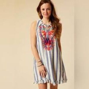 Altar’d State Stripe Embroidered Floral Shift Dress Blue White MultiColor Size M